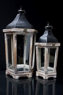  SET OF TWO WOOD HEXAGON LANTERNS WITH BLACK METAL TOP WITH NATURAL FINISH  [479354] SHIPS PALLET ONLY